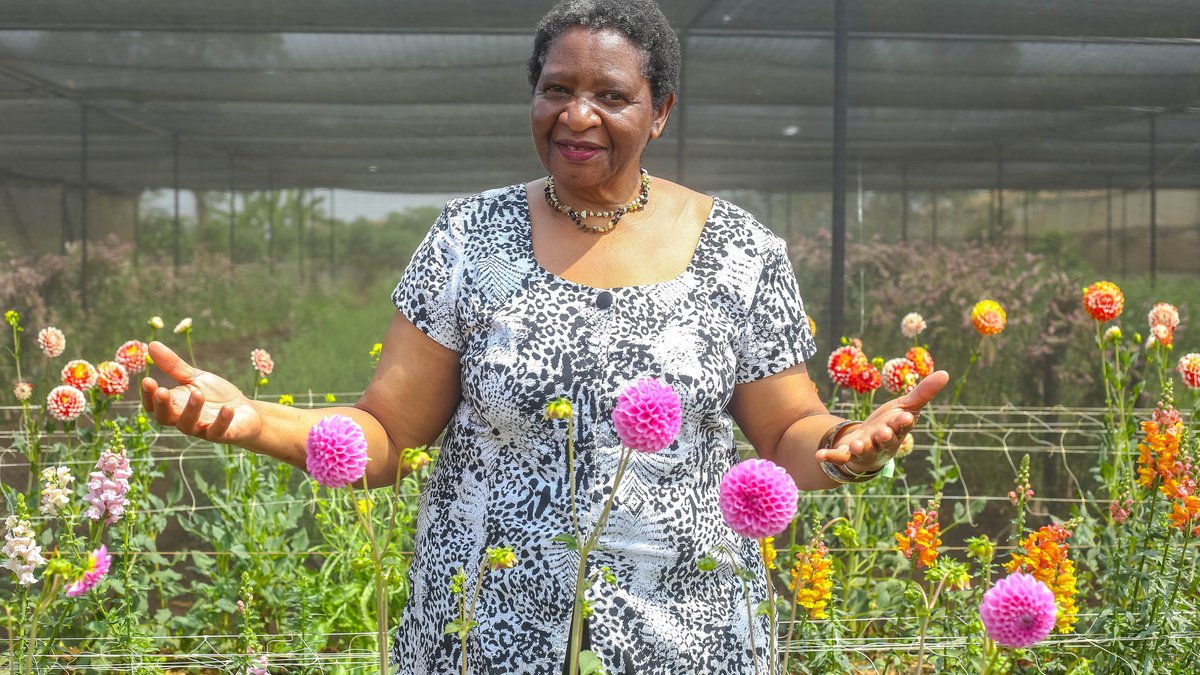 A senior woman enjoys a sunny day surrounded by colorful flowers in a beautiful garden.