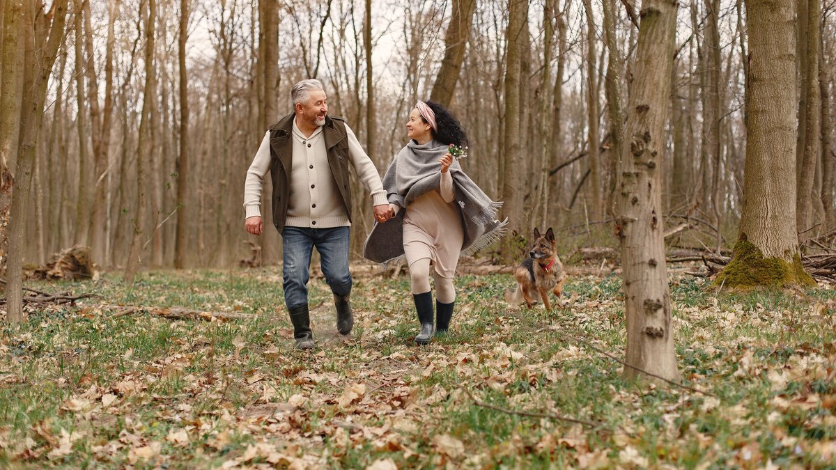 Full length of happy senior husband and wife strolling hand in hand with German Shepherd dog while looking at each other with love spending time together in autumnal park