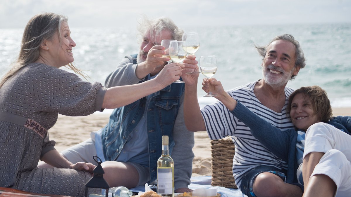 Group of senior friends enjoying a beach picnic in Portugal, toasting wine glasses and enjoying laughter.