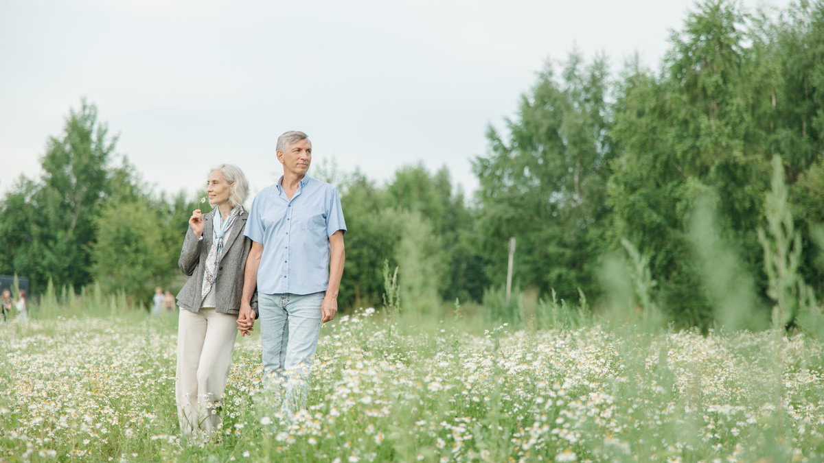 A senior couple enjoying a peaceful walk through a lush flower field on a sunny day.